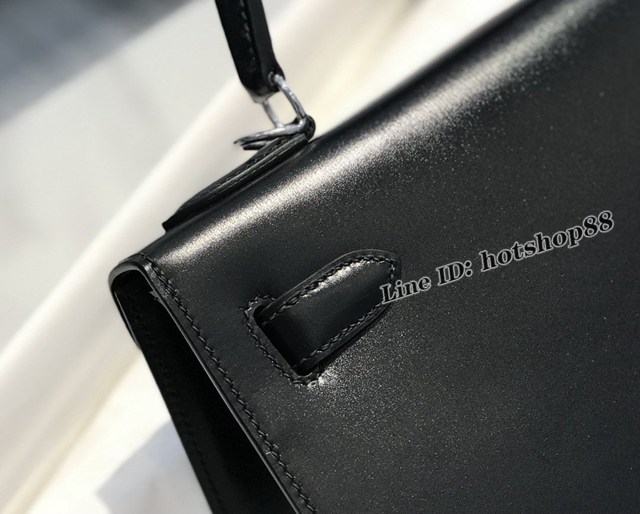 Hermes專櫃經典款Kelly手提女包 愛馬仕凱莉包黑色細紋小牛皮 ttd1193